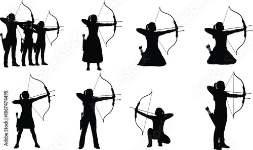 Female archer silhouette collection featuring black vector designs of women athletes aiming bows and arrows for sports competition and historical hobby branding.