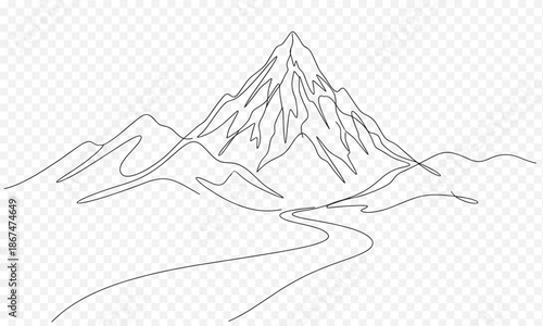 Minimalist Continuous Line Drawing of a Majestic Mountain Range and Winding Path, Simple Nature Landscape Vector Illustration for Modern Graphic Design and Adventure Branding
