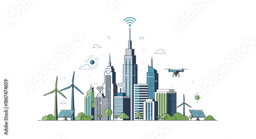 Stylized illustration of an eco-friendly city with wind turbines, solar panels, buildings, trees, and wireless communication icons, in green and blue tones.