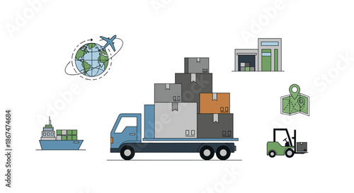 Transportation and shipping concept illustration featuring globe with airplane, cargo ship, and delivery truck on white background