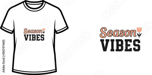 Typography t shirt design with a modern and cheerful seasonal slogan reading 'season vibes' featuring a peach colored script font and bold black lettering. isolated on transparent background
