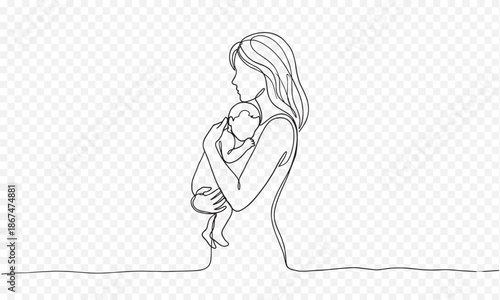 Minimalist One Line Art of Mother Holding Her Baby, Continuous Line Drawing of Maternal Love and Tenderness for Family Concept, Elegant Black Vector Illustration on White Background