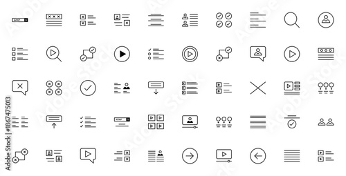UI Wireframes icon set. Minimal vector wireframe icons pack. Includes search, user, profile, video player, list, chat, buttons, alignment and more. Editable stroke.
