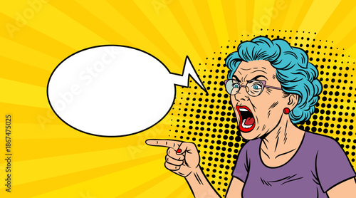 Old lady screaming with speech, pop art illustration