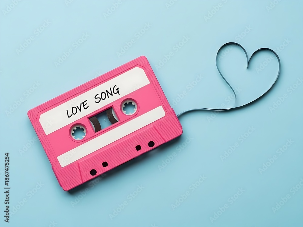 Obraz premium Vibrant pink cassette tape with a handwritten love song title and tape ribbon shaped into a romantic heart.