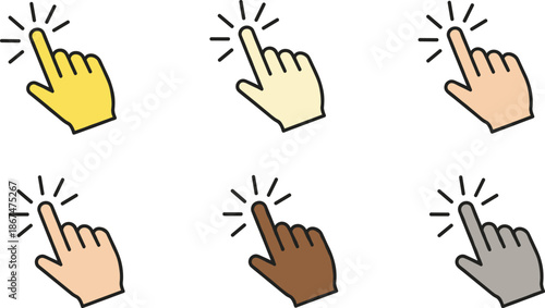 Hand cursor icon collection featuring colorful vector designs of pointing fingers with various skin tones and clicking symbols for web interface navigation.