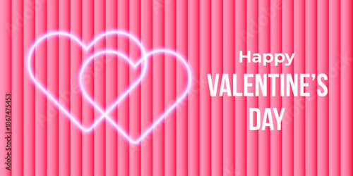  Valentines Day Banner with glowing neon heart shapes on pink gradient striped background and festive typography. Modern romantic design for greeting card, banner, poster, social media, love concept