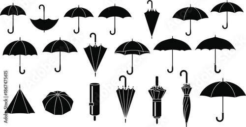 Umbrella silhouette collection featuring black vector designs of open and closed parasols rain gear and weather protection icons for autumn seasonal branding.