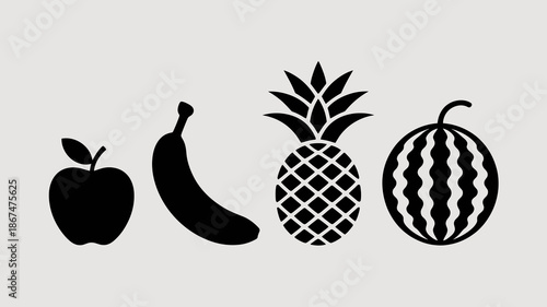 a simple illustration showcasing a variety of fresh fruits including an apple banana pineapple and watermelon in black silhouettes high quality professional detailed modern elegant stylish