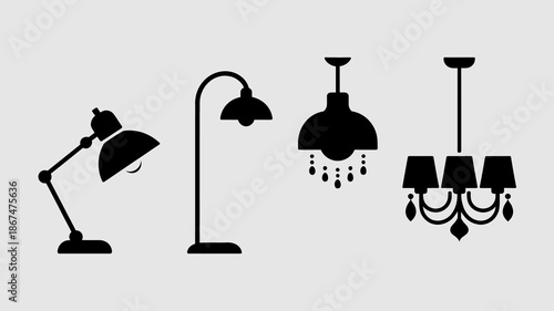 a collection of simplistic black lamp icons displayed against a light gray background showcasing various lighting fixture designs and styles high quality professional detailed modern elegant