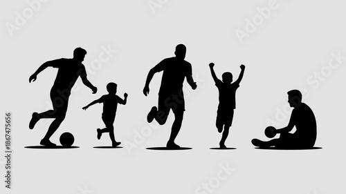a silhouette depiction of a family enjoying a game of football together showcasing different stages and positions high quality professional detailed modern elegant stylish clean crisp