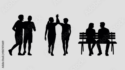 a simple black silhouette depiction of various human interactions including running a high five and people seated on a bench high quality professional detailed modern elegant