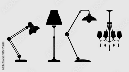 a minimalist illustration depicting four distinct lamp designs in solid black silhouettes against a neutral gray background showcasing varied styles high quality professional detailed modern elegant