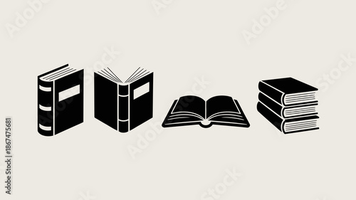 a minimalist illustration depicts four books in varying orientations one closed and upright one open and two stacked rendered in black outlines high quality professional detailed