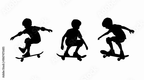 three black silhouettes of young boys skateboarding showcasing different poses and movements of action sports and youth culture high quality professional detailed modern elegant stylish clean