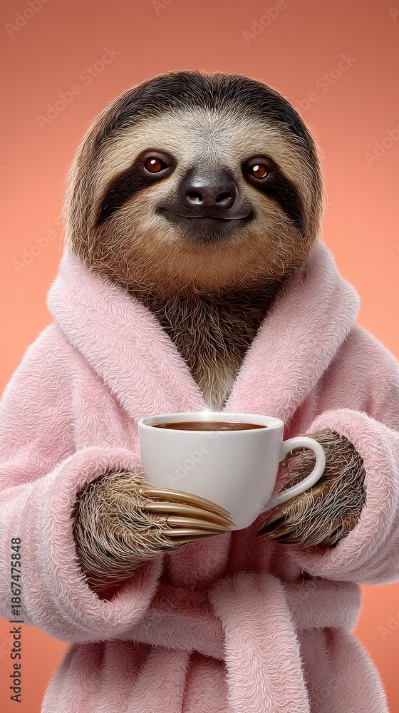 Fototapeta premium Cute Sloth in a Pink Bathrobe Enjoying a Cup of Coffee
