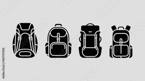 a graphic depiction shows four distinct black silhouettes of backpacks arranged horizontally offering a minimalist view of travel gear high quality professional detailed modern elegant stylish