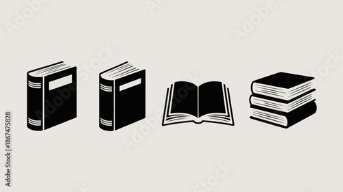 a simple illustration depicts four black book icons arranged in a row showcasing different perspectives and stacks of literature high quality professional detailed modern elegant stylish