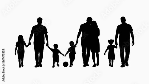 a silhouette of a family holding hands including adults and children of varying ages stands together against a plain white background high quality professional detailed modern