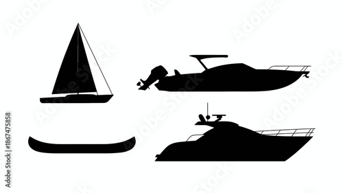 a minimalist black and white illustration depicting various watercraft silhouettes including a sailboat motorboat canoe and a yacht high quality professional detailed modern elegant stylish clean