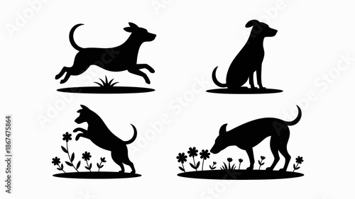 a collection of four minimalist black silhouette illustrations depict dogs in various poses including running sitting jumping and sniffing flowers high quality professional detailed modern elegant