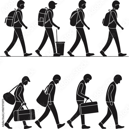 Silhouette of people walking with luggage and bags in various poses