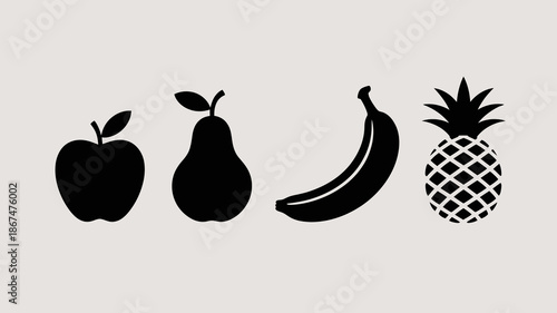 a simple graphic illustration features a collection of four distinct fruit silhouettes against a neutral background displaying an apple pear banana and pineapple high quality professional