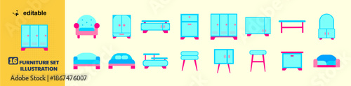 This is a colorful illustration of a complete furniture set, featuring 16 different pieces. The illustration is editable and can be used for various design purposes, such as interior decoration, graph