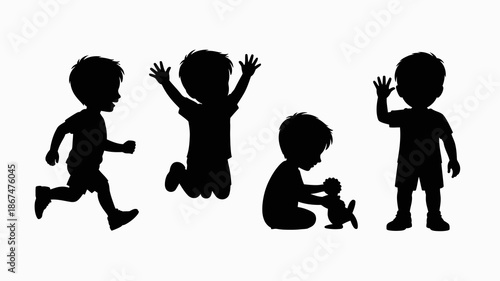 a simple black silhouette illustration depicts four young children engaged in various playful activities showing movement and joy high quality professional detailed modern elegant stylish clean
