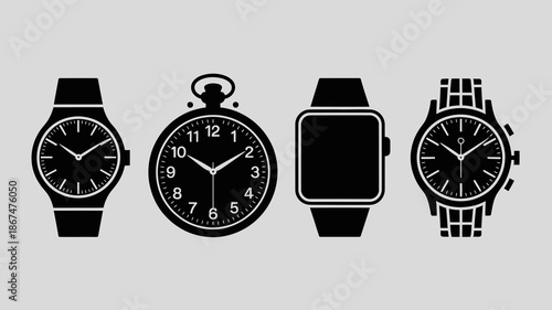 a collection of four different timepieces is displayed featuring a classic wristwatch a pocket watch a smartwatch and a chronograph watch high quality professional detailed modern