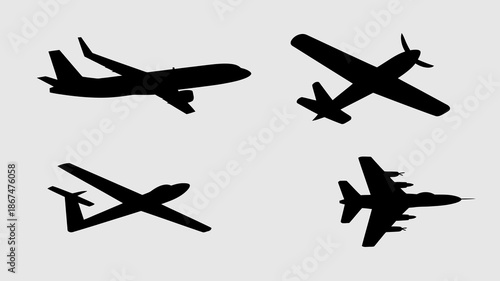 a minimalistic depiction of four black silhouettes of various aircraft including airplanes and fighter jets against a plain white background high quality professional detailed modern elegant