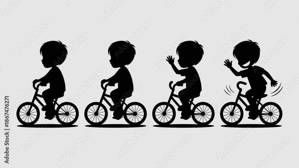 Obraz premium a series of silhouetted images depicts a child learning to ride a bicycle progressing from initial attempts to confident cycling high quality professional detailed modern elegant