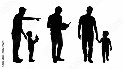 a striking silhouette depiction showcases three generations of men a father son and grandson walking together with varied postures and interactions high quality professional detailed modern
