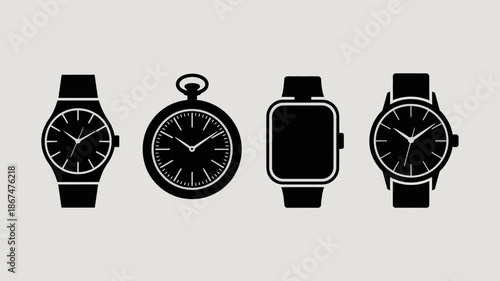 a collection of four distinct timekeeping devices including a classic wristwatch a pocket watch a modern smartwatch and a detailed chronograph high quality professional elegant stylish
