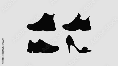 a minimalist composition showcases silhouettes of diverse footwear including a boot sneaker dress shoe and high heel against a light gray backdrop high quality professional detailed