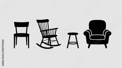 a minimalist illustration showcases a collection of black furniture silhouettes including a chair rocking chair stool and armchair against a light gray backdrop high quality professional