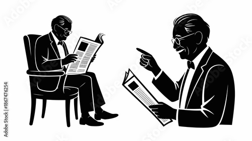 a black and white illustration depicting two formally dressed men one seated reading a newspaper and the other standing gesturing emphatically with his own paper