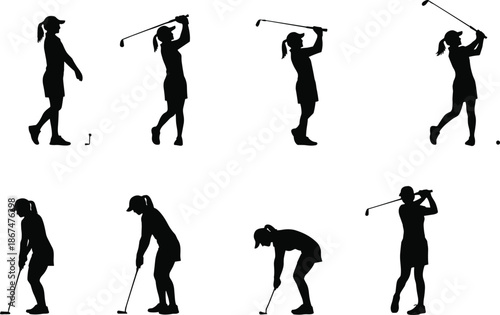 Female golfer silhouette collection featuring black vector designs of women athletes swinging clubs and putting on the green for sports graphic design.