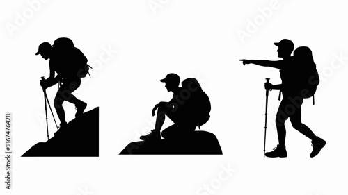 a series of black silhouettes depict three hikers in various poses showcasing a journey through mountainous terrain and exploration high quality professional detailed modern elegant stylish