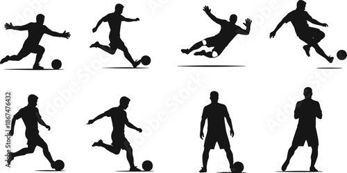 Soccer player silhouette collection featuring black vector designs of football athletes kicking balls and goalkeepers making saves for sports competition graphic design.