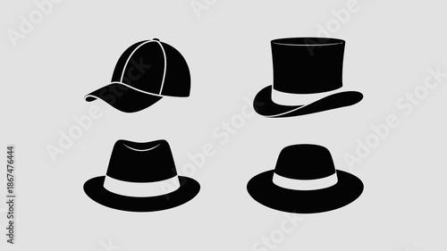 a simple illustration showcases four distinct hat silhouettes against a neutral gray background presenting a baseball cap top hat fedora and boater hat high quality professional