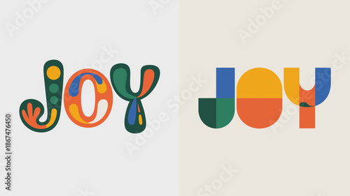 the image showcases two distinct artistic renderings of the word joy employing vibrant colors and playful typography against a neutral backdrop high quality professional detailed modern