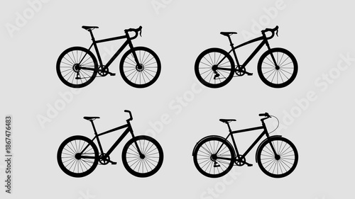 a minimalist graphic showcases four silhouetted road bicycles arranged in a grid pattern against a light gray background highlighting their sleek forms high quality professional detailed