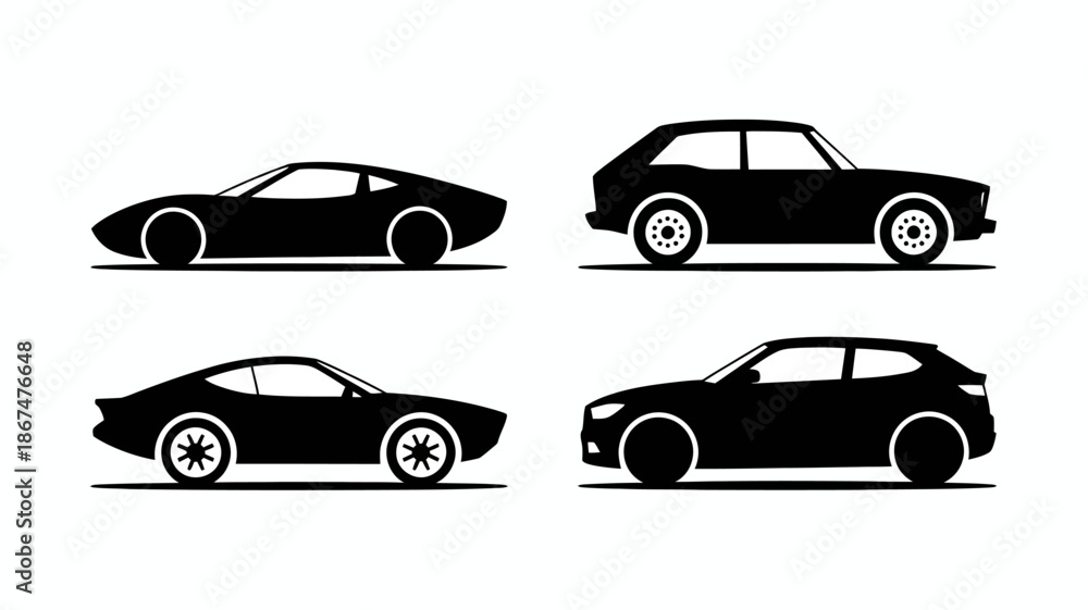 Fototapeta premium a minimalist depiction showcasing four distinct silhouettes of modern automobiles in a stark black color scheme against a white background high quality professional detailed elegant stylish
