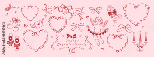Hand drawn coquette doodle set with Cupid, ribbon frames, hearts, bows and champagne glasses. Trendy vintage romantic vector elements for Valentine’s Day designs, wedding invitations and prints.