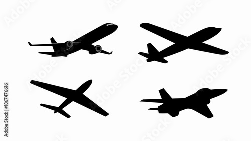 a minimalist depiction showcases four black silhouettes of airplanes varying in design and size suggesting flight and aerial transportation high quality professional detailed modern elegant stylish