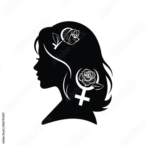 Female profile silhouette with Venus symbol and roses representing womanhood and strength