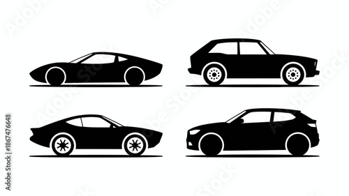a minimalist depiction showcasing four distinct silhouettes of modern automobiles in a stark black color scheme against a white background high quality professional detailed elegant stylish
