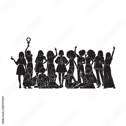 Group of women silhouettes showing unity and feminist power symbols