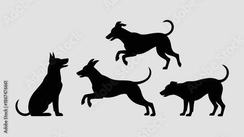 a captivating silhouette illustration depicts four playful dogs in various dynamic poses showcasing canine energy and movement against a neutral background high quality professional detailed modern